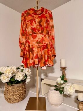 Acler Orange Red Floral Long-Sleeve Mini Dress